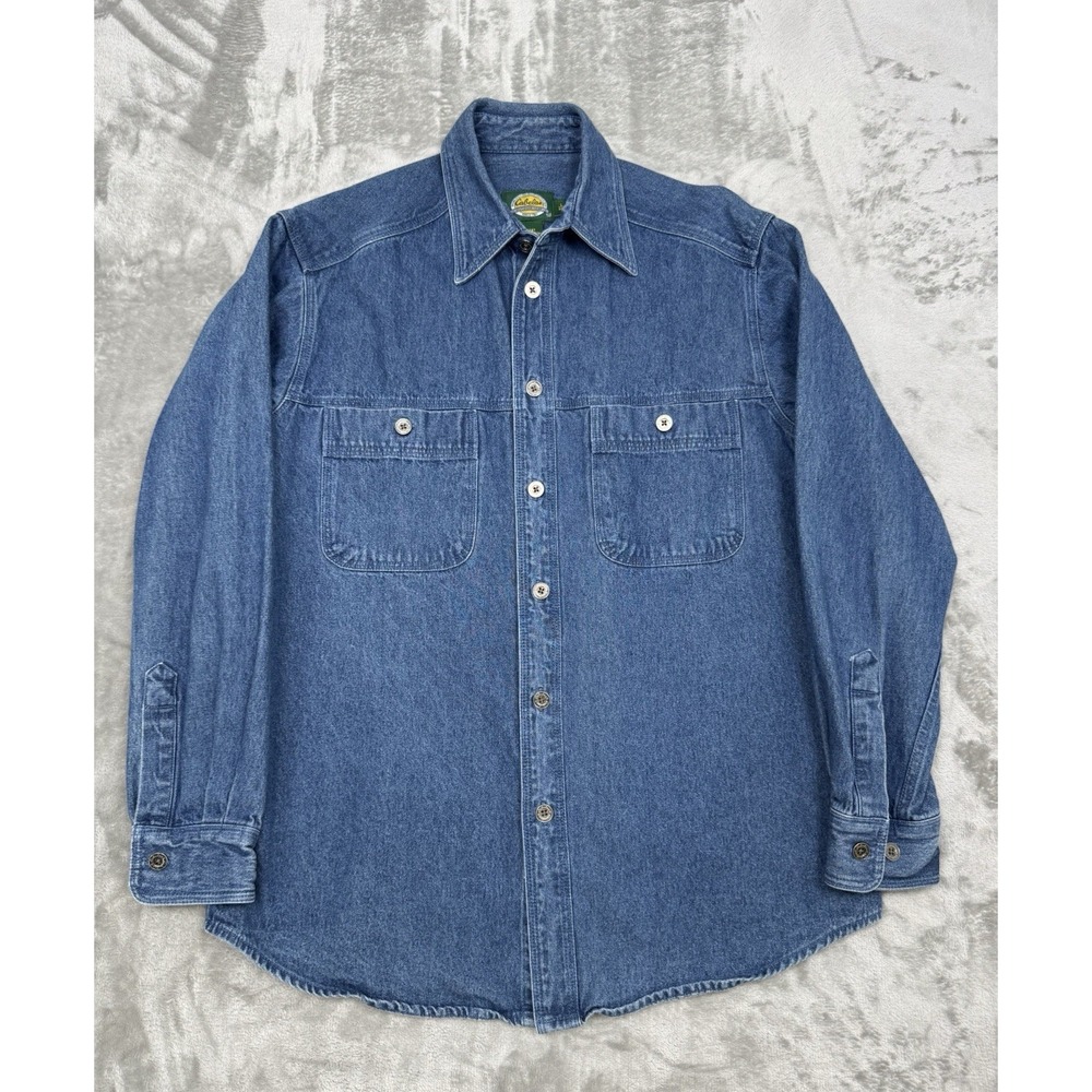 Vintage Cabelas Denim Button Down Shirt Mens Large Blue Long Sleeve Hunting Work